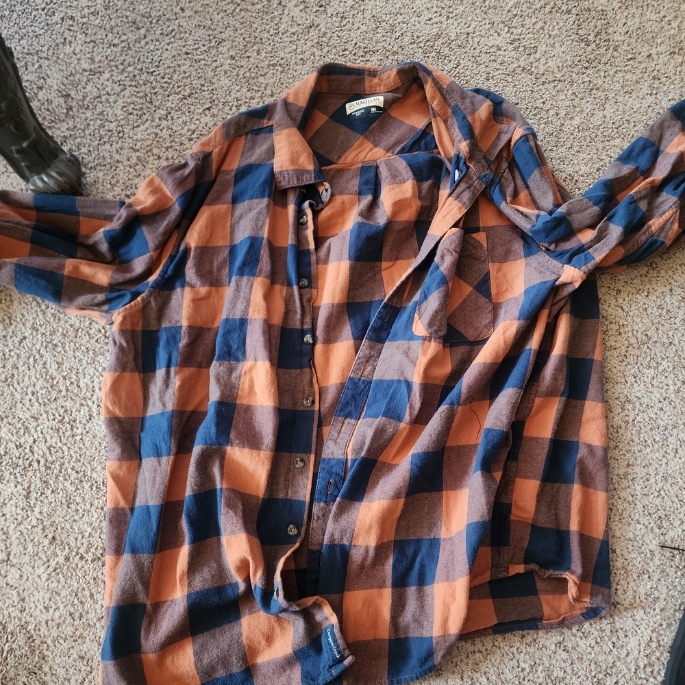 Magellan Outdoors Blue and Orange Checkered Shirt